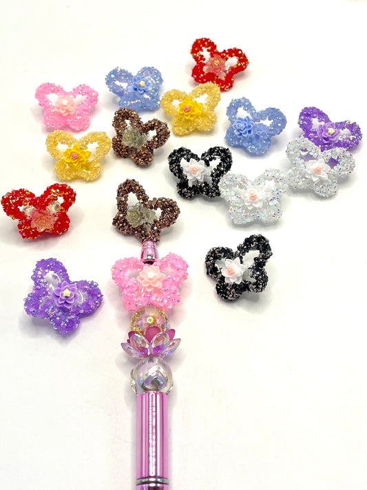 Clear Butterfly with Colorful Lotus and Rhinestone Acrylic Beads,Random Mix,30mm