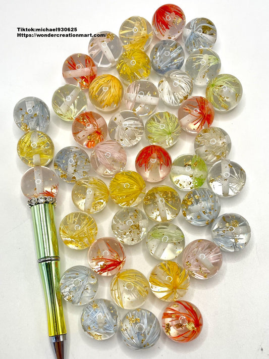 Clear Acrylic Bead with Gold Foil Colorful Line Dry Flower,Random Mix,20mm