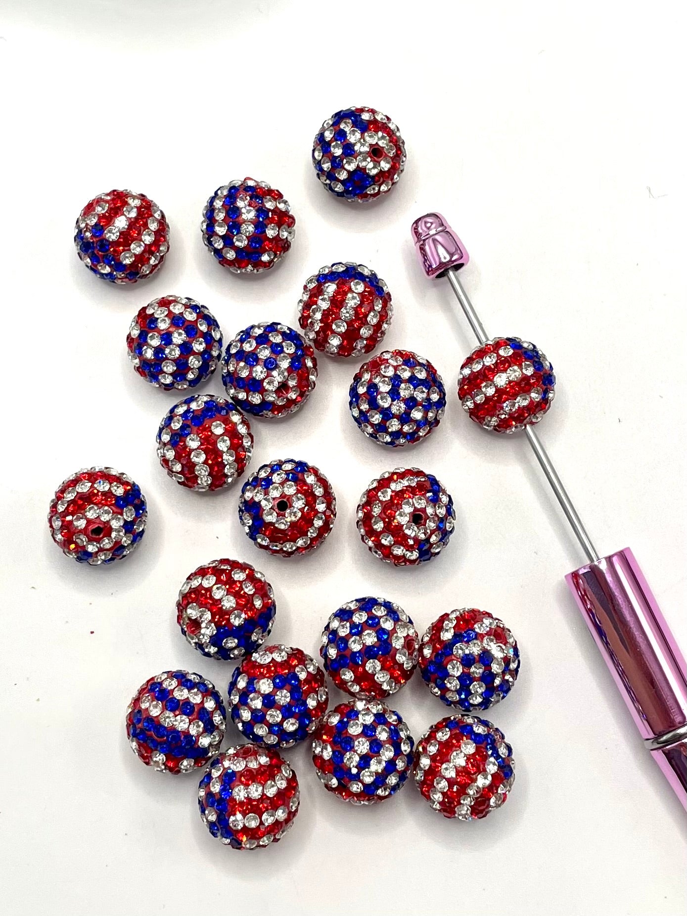 Red Blue And white Rhinestone Clay Round Beads,16mm