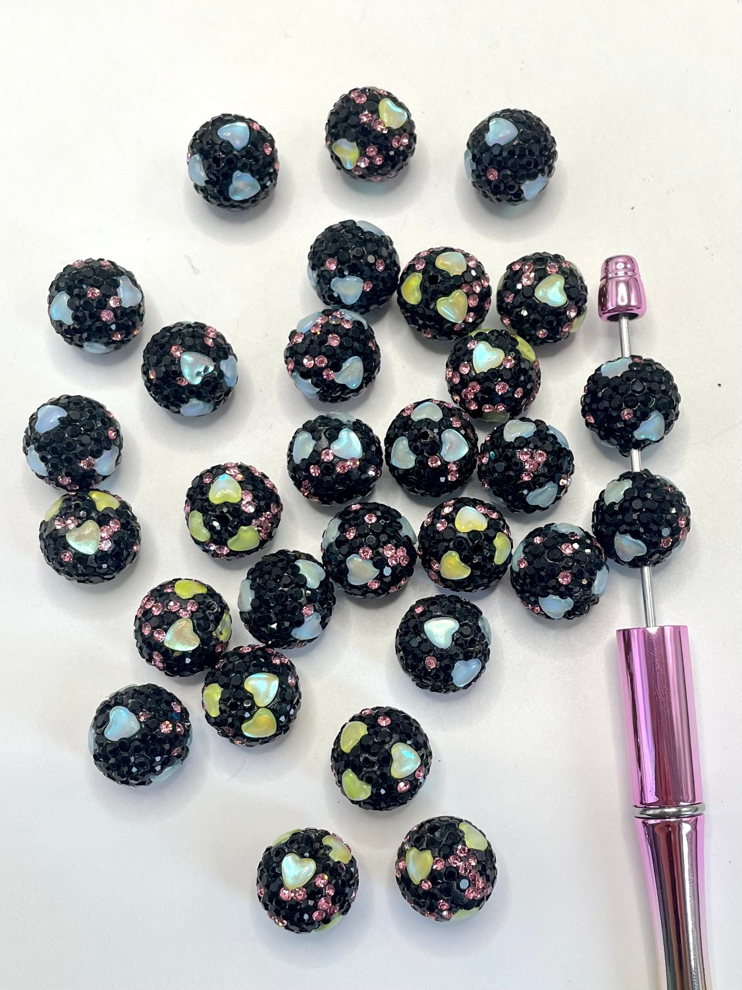 Pink Rhinestones with Love&Heart Crystal Clay Black Beads,Random Mix,16mm