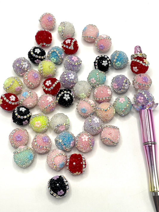 Fancy Bubble Flower Bead With Rhinestone Chain Flower Decoration in Soild Color,Random Mix ,16mm