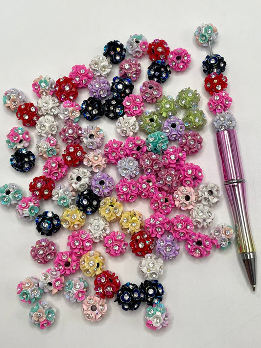 Fancy Beads Threeleaf Multicolor Flower with Rhinestone Clay Beads,Random Mix,13mm Fancy-483