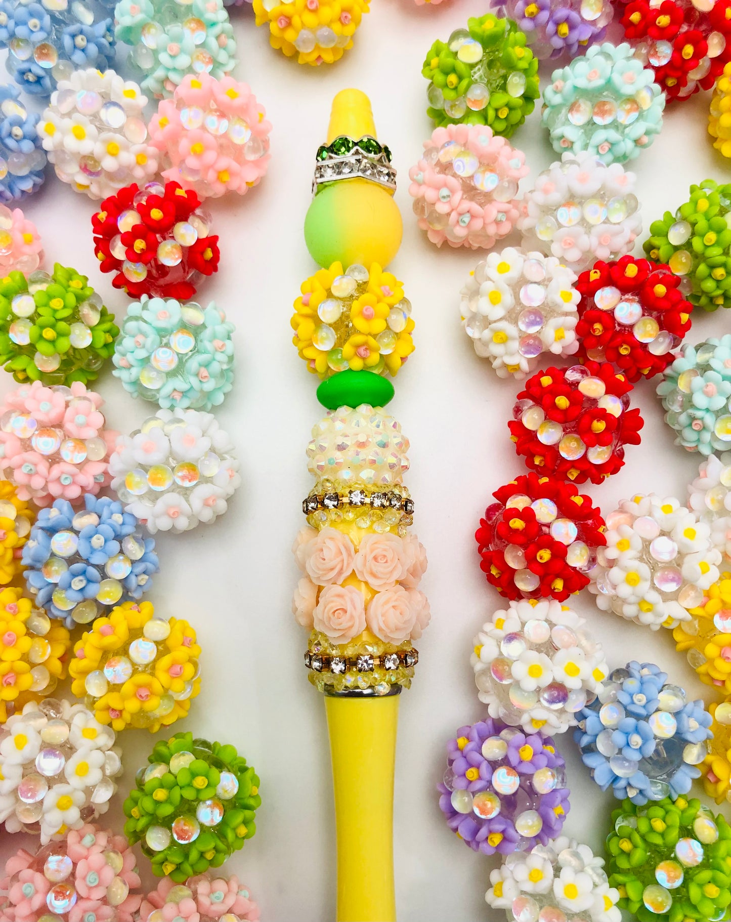 Fancy Flower Daisy  Multicolor with Pearl Acrylic Beads,Random Mix 19mm