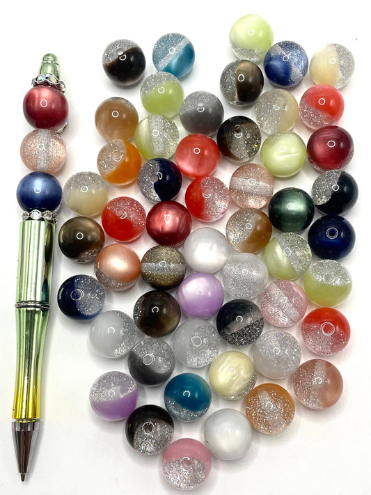 Double Face Cat Eye Glitter Acrylic Round Beads,Random Mix,16mm