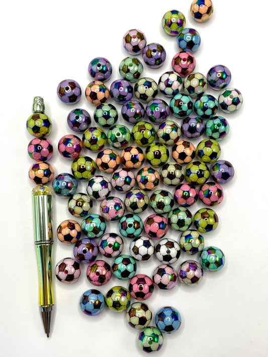 Soccer & Football Multicolor With UV Acrylic Round Beads,Random Mix,16mm