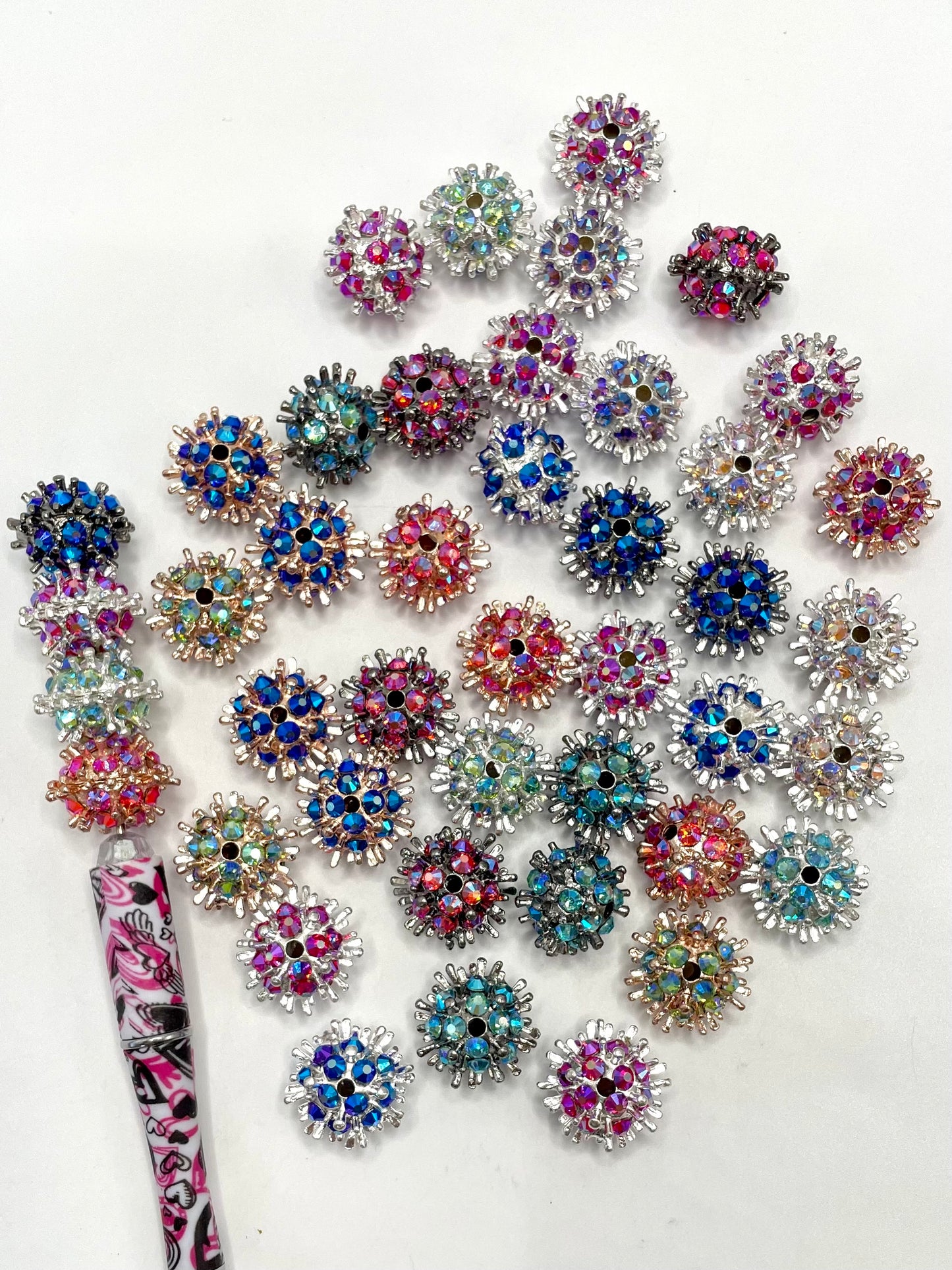 Alloy Bead Metal Silver Long Thorn Ball with Multicolor AB Rhinestones,Random Mix,19mm Fancy-67