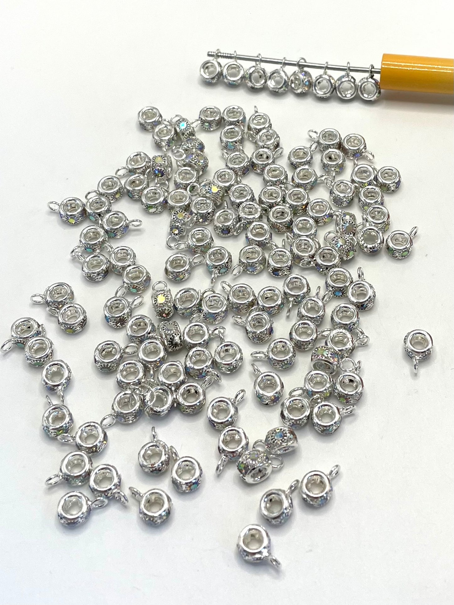 Metallic Silver Charm Pendant or Spacers with AB Color Rhinestones,8mm