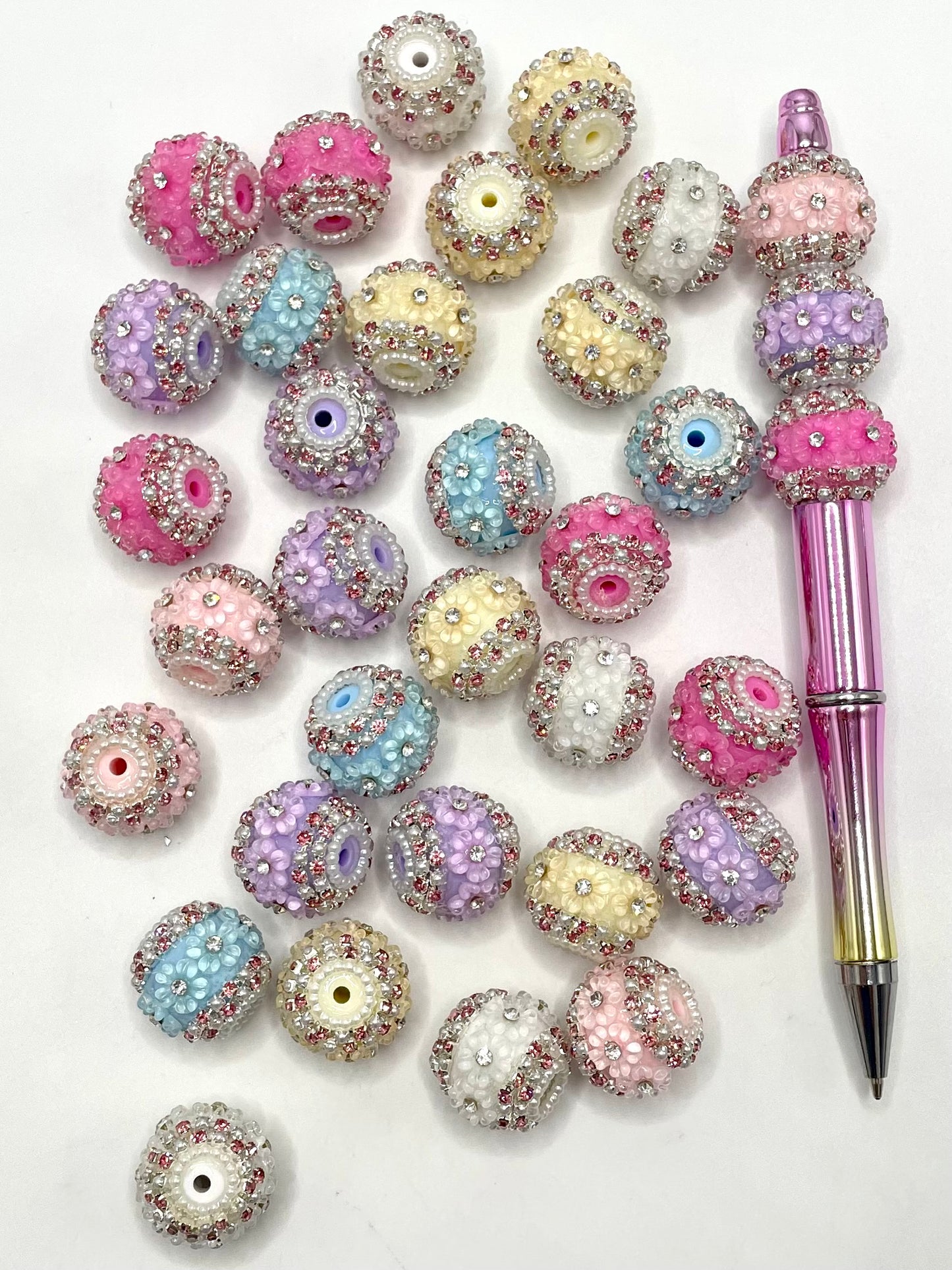 Fancy Flower Bead Pearl & Rhinestone Chain with Clear Small Circle Flower Colorful Acrylic Beads,Random Mix,20mm Fancy-3