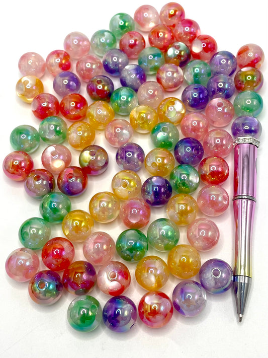 Glitter with Glossy Sheet Multicolor Acrylic Round Beads,Random Mix,16mm