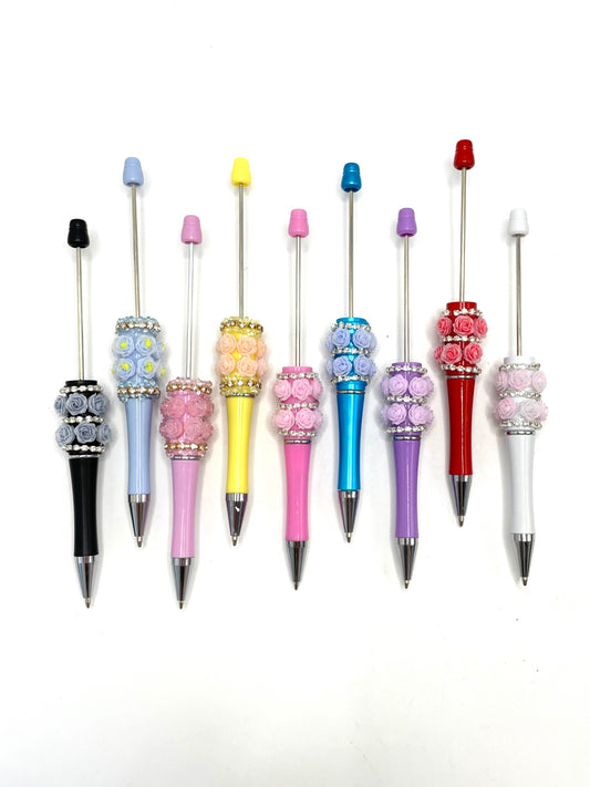 Double Multicolour Rose Flower and Rhinestones Chain Beadable Pen Series