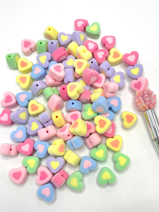 Flocked Cute Double Heart colorful Acrylic Beads ,Random Mix,17mm