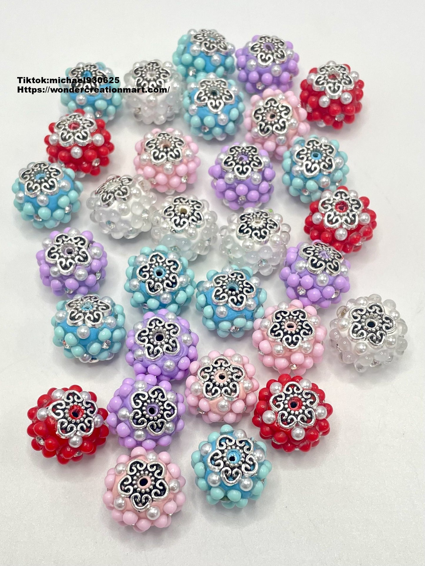 Bubble Flower Bead with Pearl Metal Flower Top Clay Beads,Random Mix,18mm Fancy-499