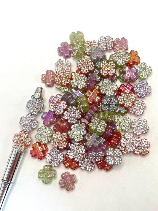 Multicolor Four-leaf Clover or Lucky Clover with Rhinestones Clear Acrylic Beads,Random Mix,17mm