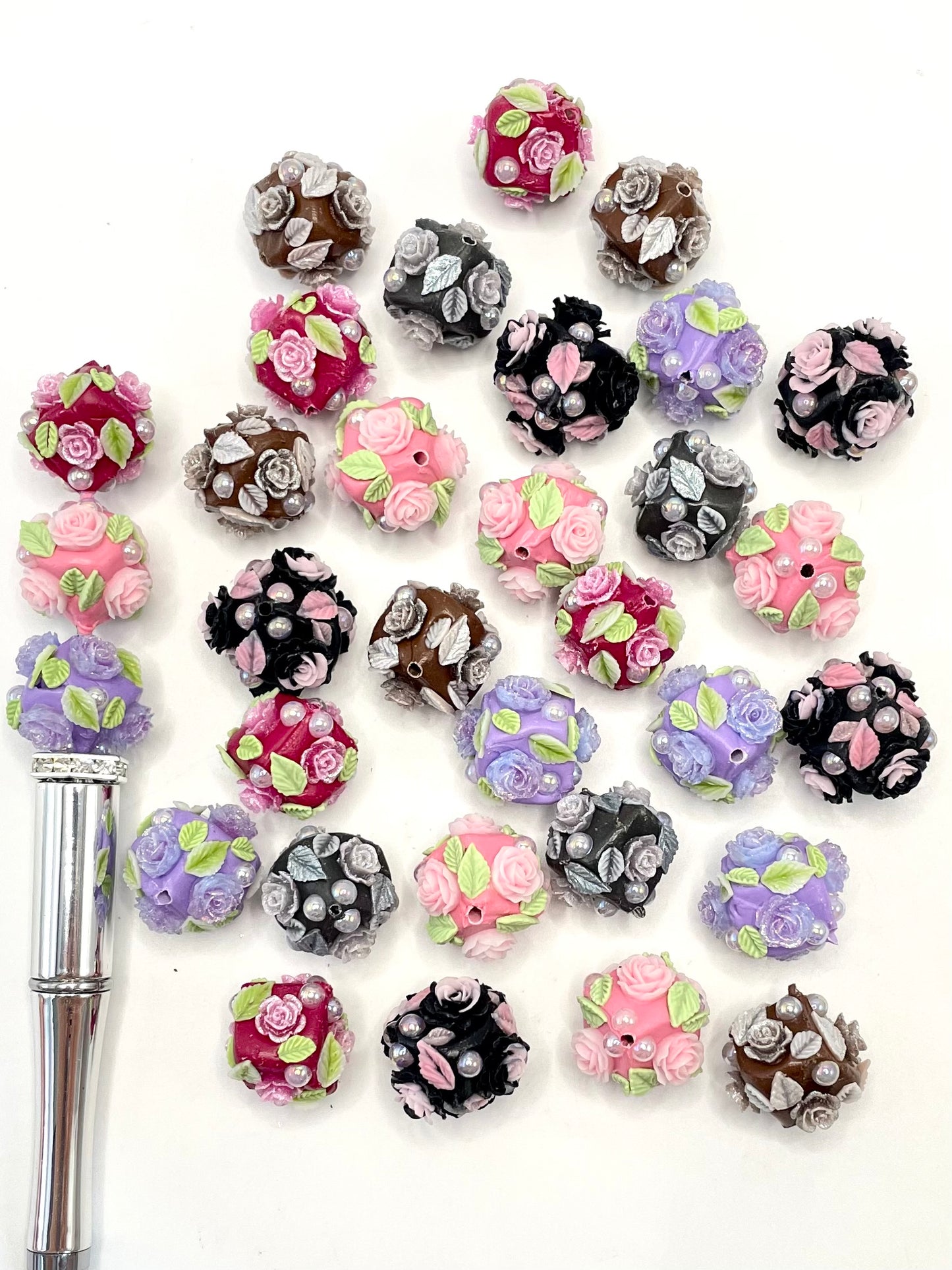 Fancy Bead Multicolor Rose Flower and Leaf with Pearl Clay Square Beads,Random Mix,18mm Fancy-536