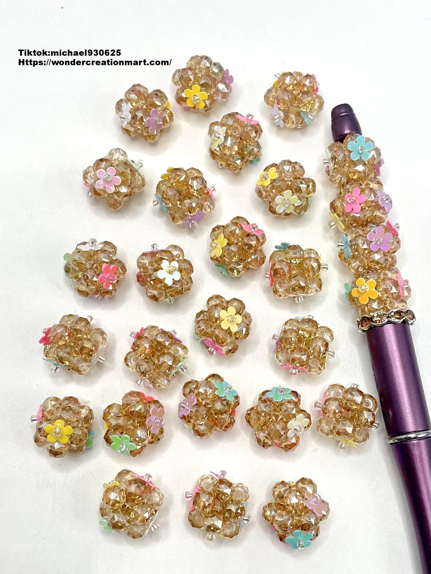 Clear Brown Acrylic Beads Knit with Lovely Flower and Crystal ,Random Mix,16mm Fancy-476