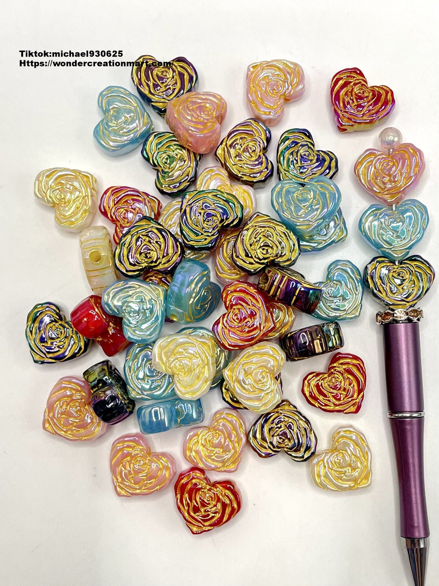 Plane Uneven Heart Gold Line Multicolor with UV Acrylic Beads,Random Mix,20mm