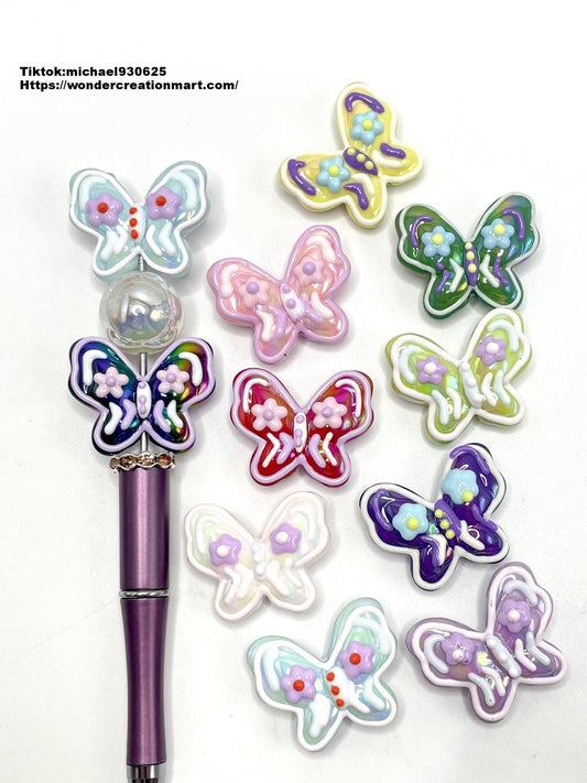 Hand-painted Raised/Emboss Flower Multi-color UV Acrylic Butterfly Shape Acrylic Beads,Randoom Mix,33