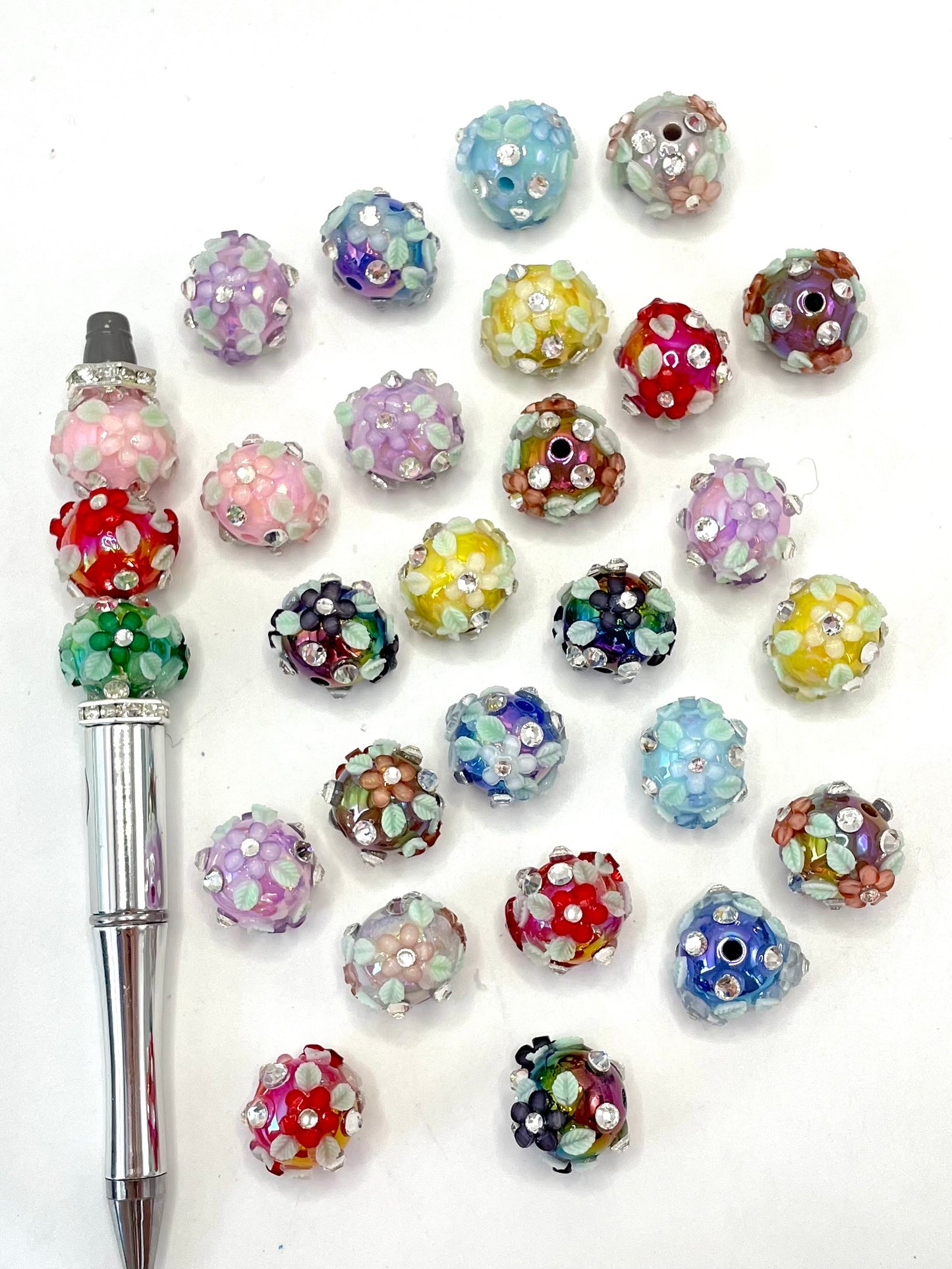 Fancy Bead Multicolor Rose Flower and Leaf  UV acrylic round Beads,Random Mix,18mm Fancy-462