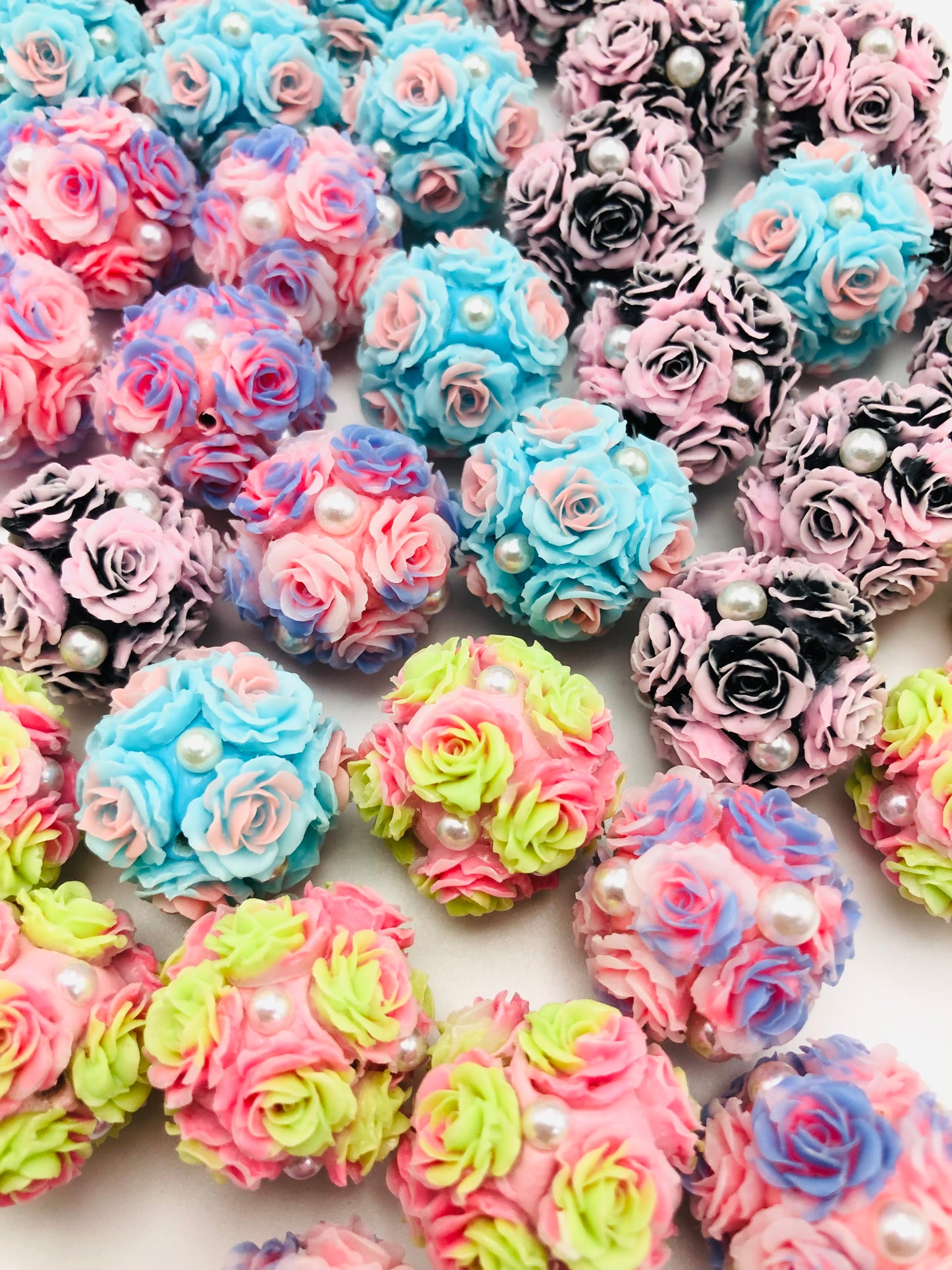 Fancy Multicolor Ombre Rose Flower with Pearl Clay Beads,Random Mix,20mm