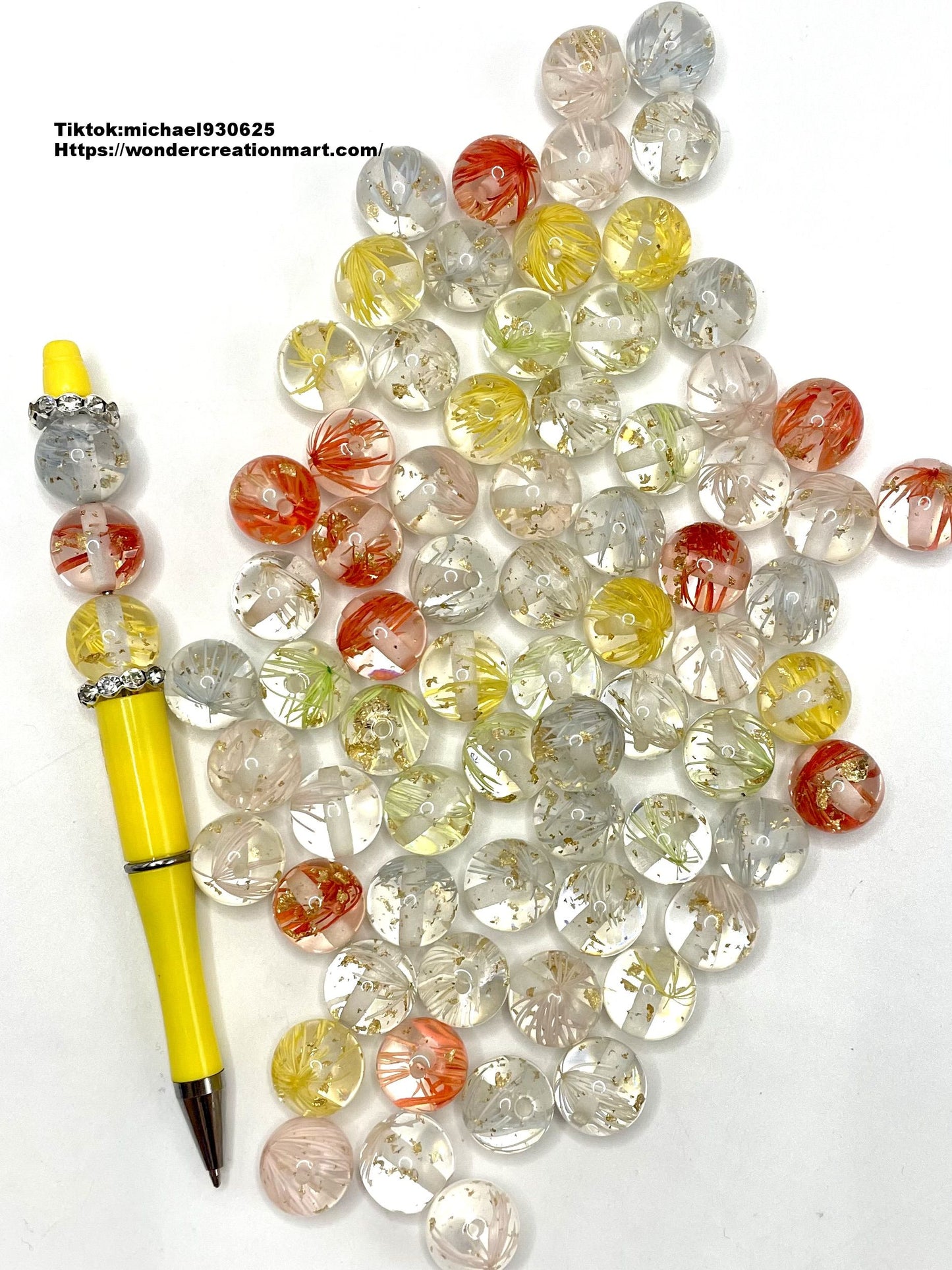 Clear Acrylic Bead with Gold Foil Colorful Line Dry Flower,Random Mix,16mm