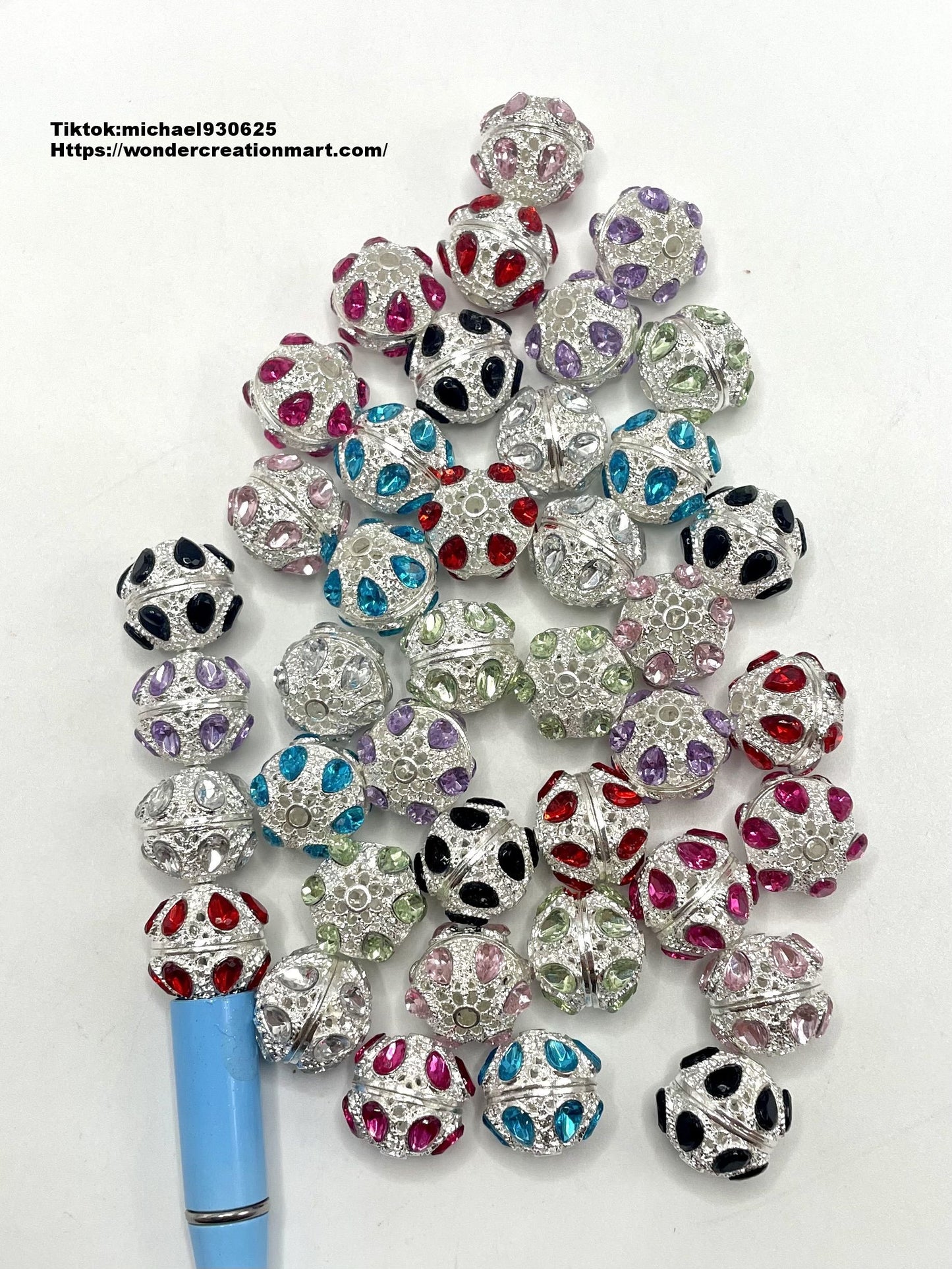 Fancy Bead Fancy Rhinestone Bead Alloy Hollow Silver Metal Ball with Colored Rhinestones Beads ,Random Mix,16mm Fancy-246