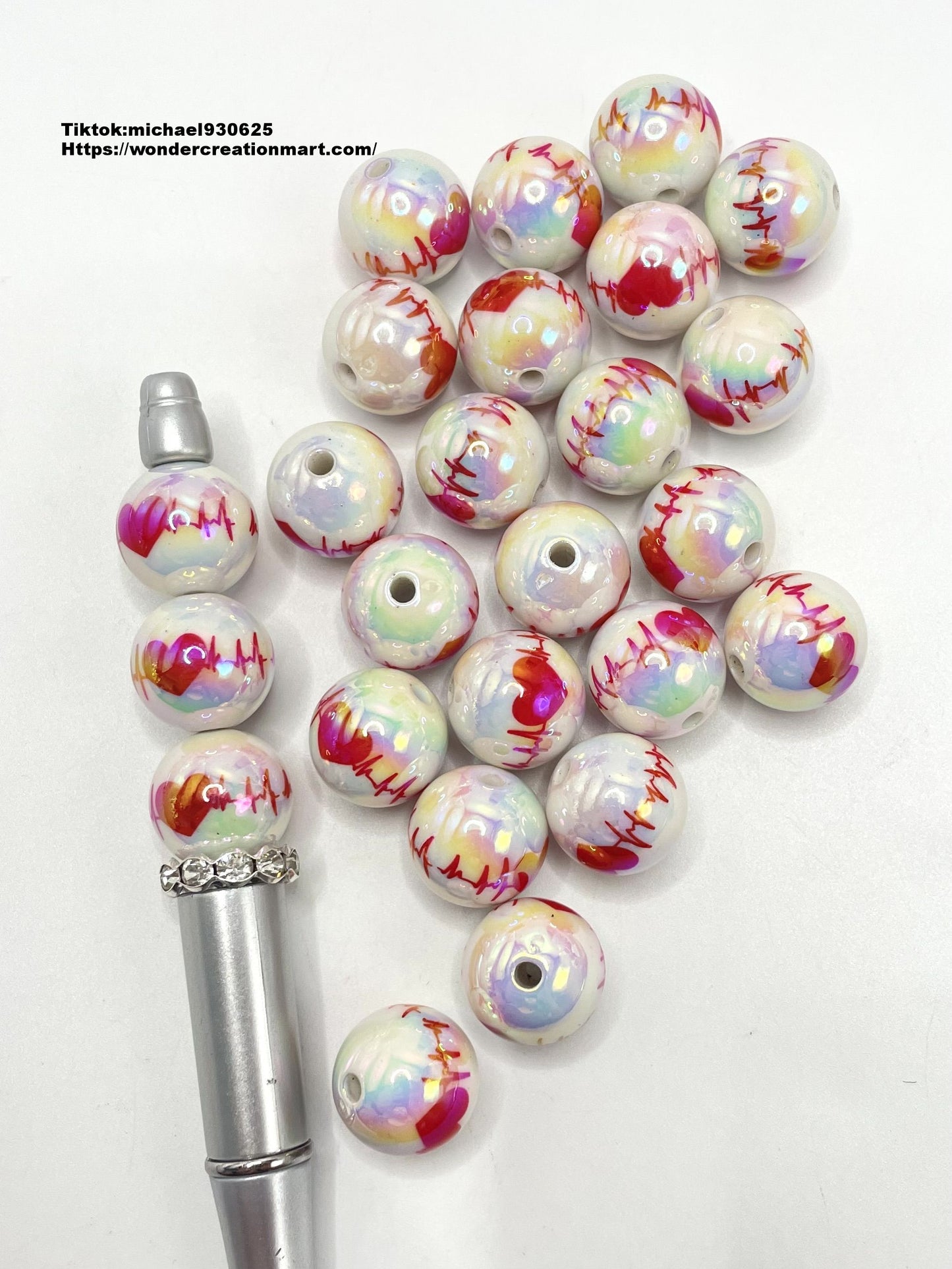 Valentine's Day Heart Electrocardiogram White Acrylic Round Beads,Random Mix,16mm