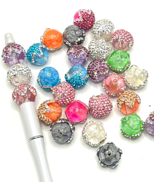 Glitter Clear Cloud Multicolour With Drip Rhinestones Cap Acrylic Round Beads,Random Mix, 18mm