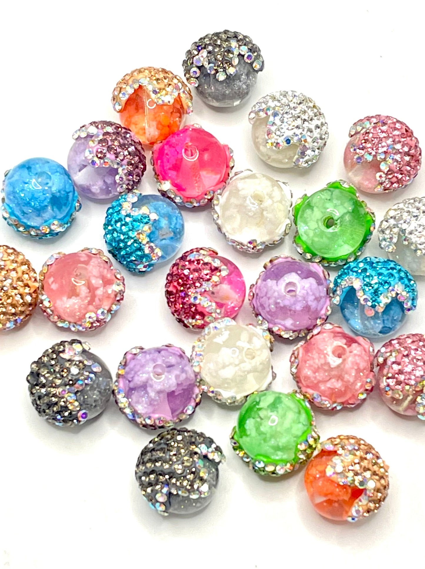 Glitter Clear Cloud Multicolour With Drip Rhinestones Cap Acrylic Round Beads,Random Mix, 18mm