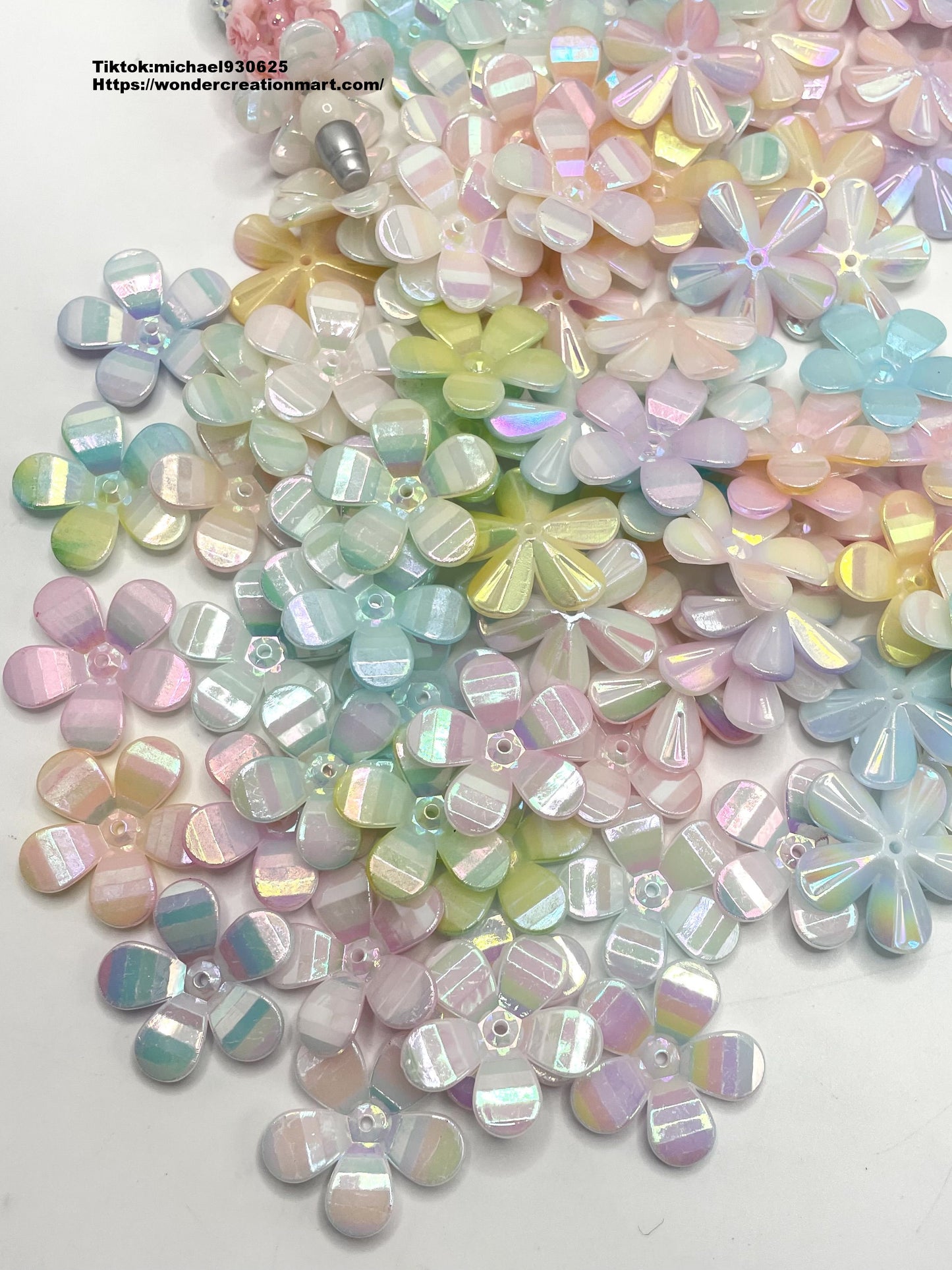 Plastic Light Color with UV Five Petal Flowers Round Edge Spacers,Random Mix,30mm