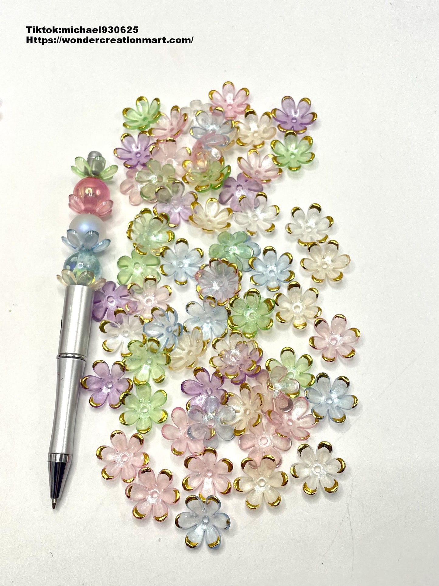 Plastic Bright Clear & Soild Flowers Round Edge with Gold Line Spacers Acrylic,Random Mix,18mm