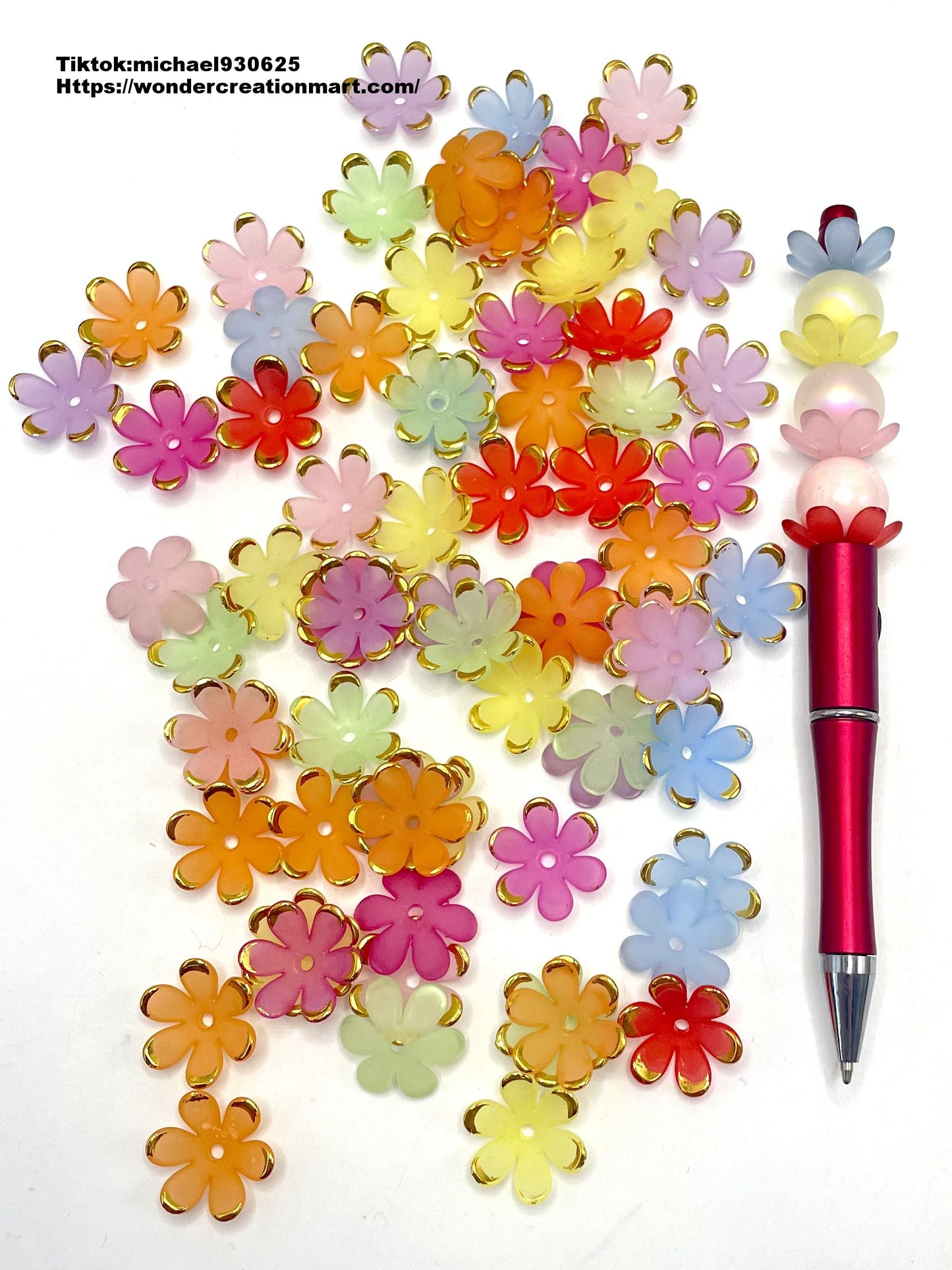 Plastic Bright Clear & Soild Flowers Round Edge with Gold Line Spacers Acrylic,Random Mix,18mm