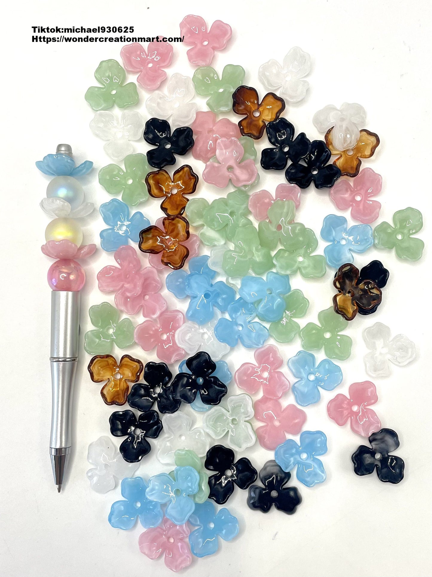 Plastic Shiny Soild & Clear Three-petal Flower Spacers,Random Mix