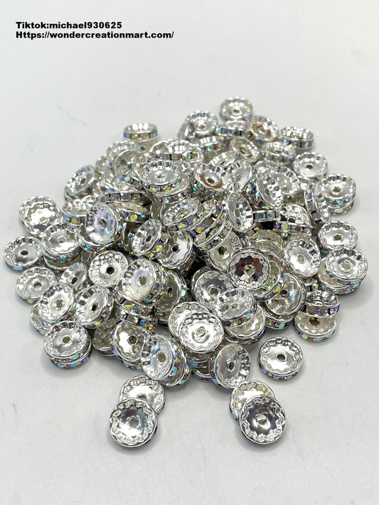 Metal Straight Edge Silver with Clear Rhinestone Spacers Bead AB,12mm