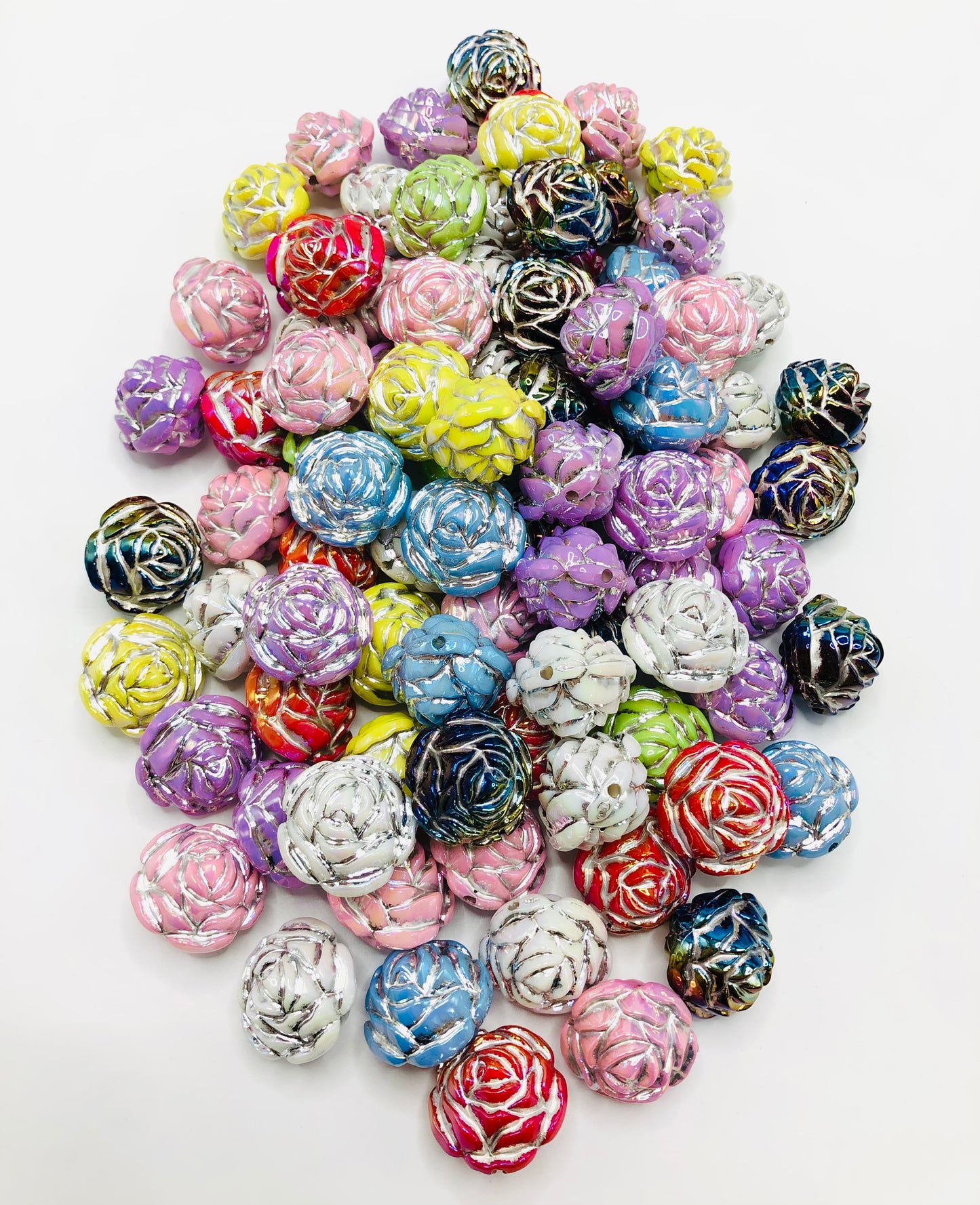 Rose bead Multicolor acrylic flower beads undertone uv Silver thread 25mm Random Mix