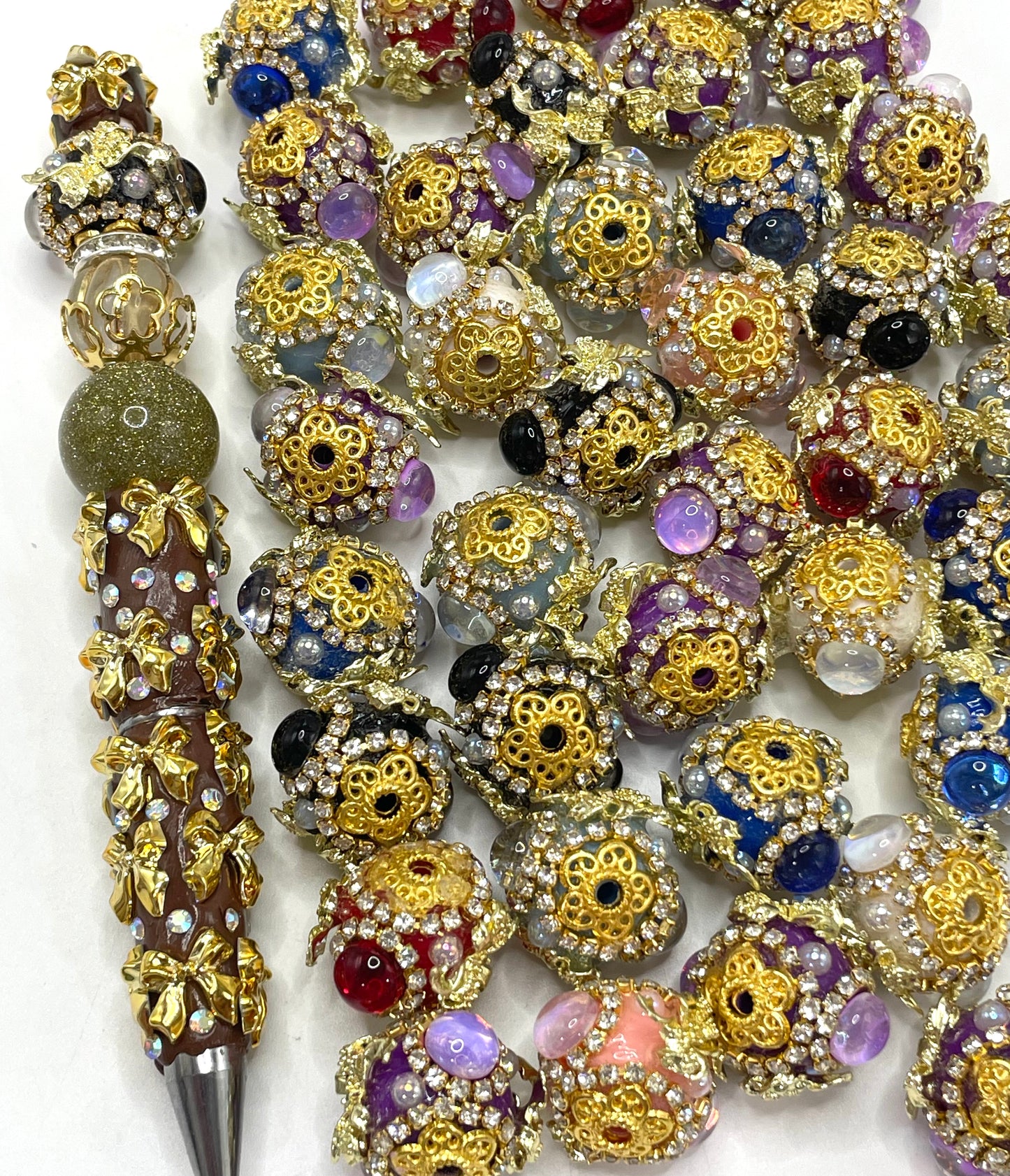 Fancy Beads Metal bow-shaped beads Golden Rhinestone Chain Bubble Pearl Gold Spacer Beads