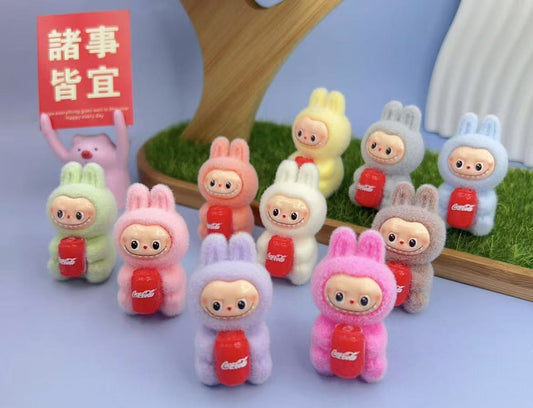 coca can flocking Fuzzy labubu Cute mini doll  Pen Toppers with coca element ,mix color