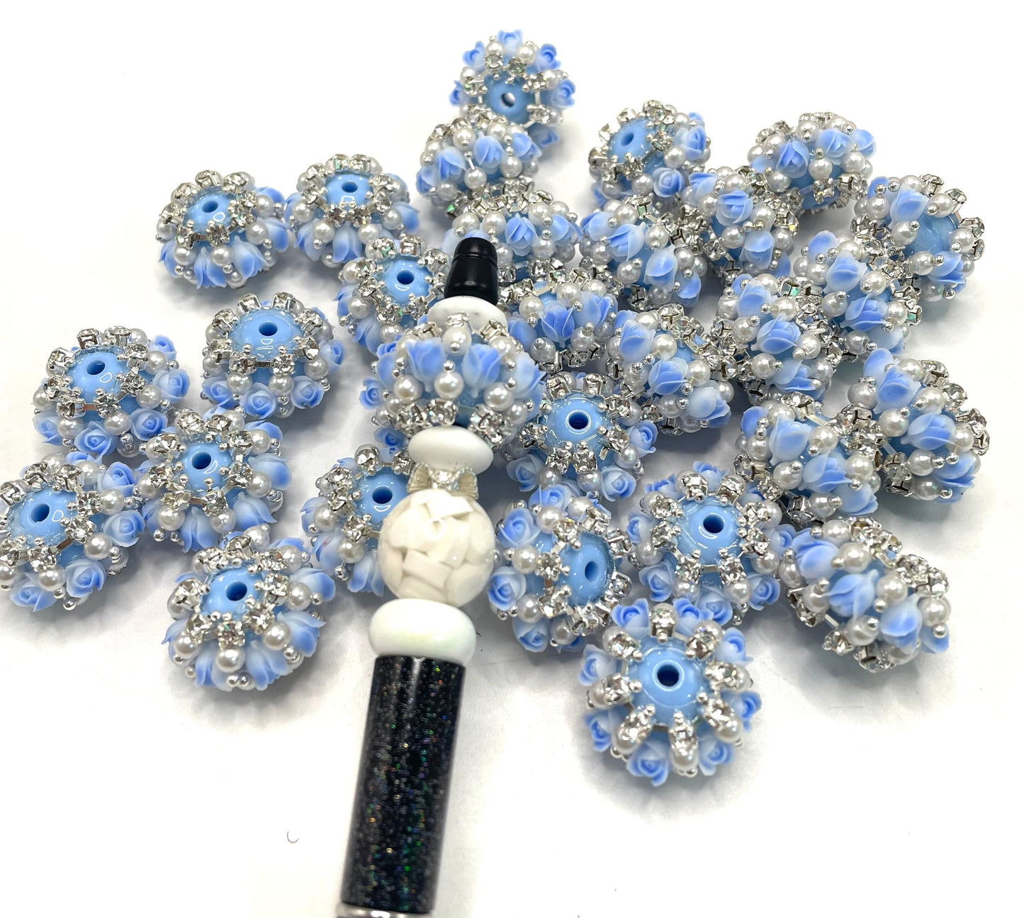 fancy Flower tulip flower acrylic solid bead base ornament with tulip flower Chain rhinestone Pearl  24mm Random Mix