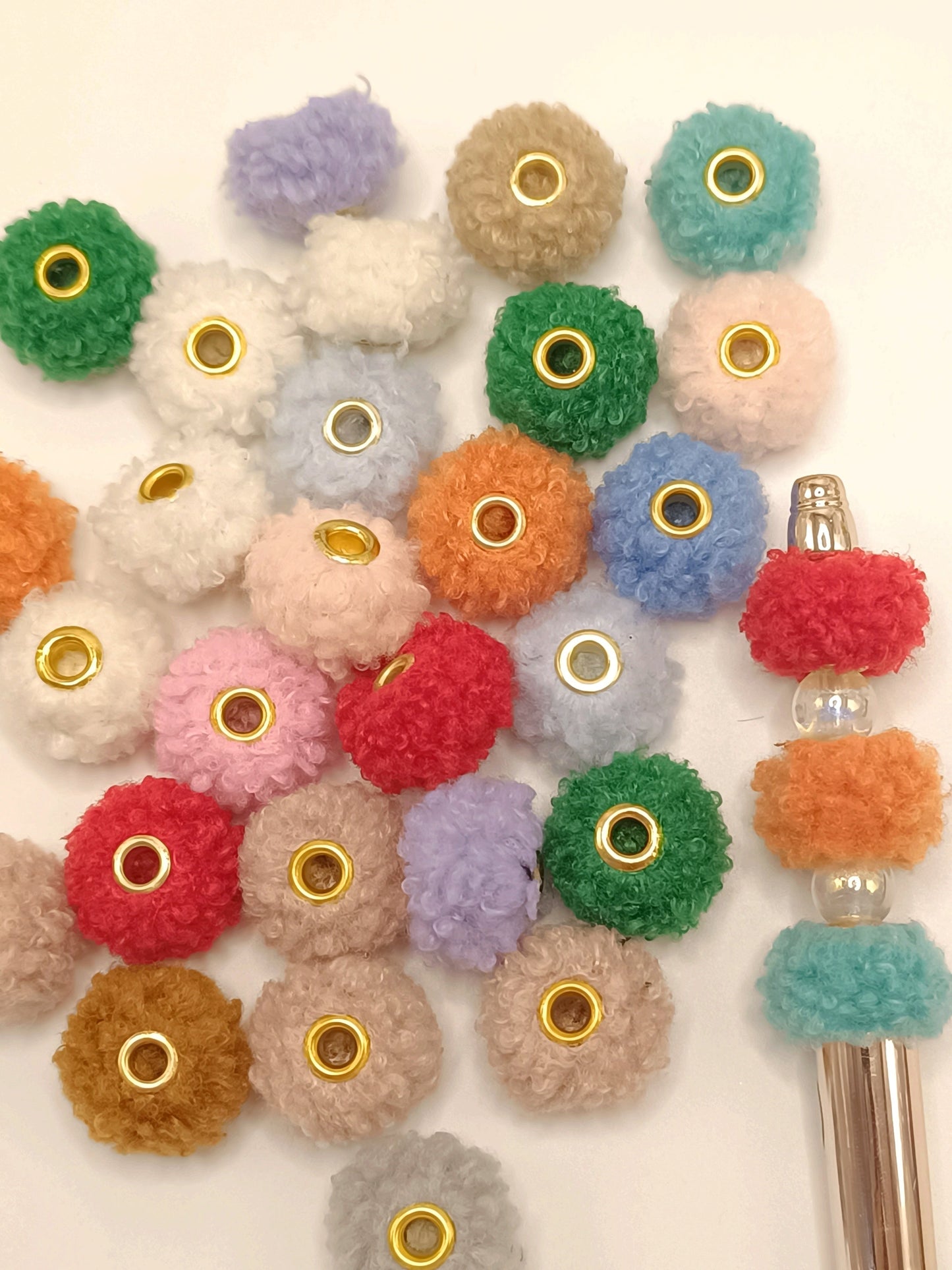 Fuzzy Spacer Pom Pom Flutty Hard With Downy Beads and Random Mix,16mm