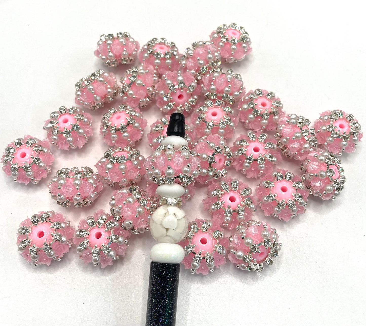 fancy Flower tulip flower acrylic solid bead base ornament with tulip flower Chain rhinestone Pearl  24mm Random Mix