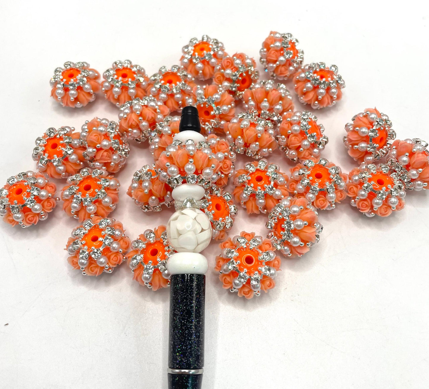 fancy Flower tulip flower acrylic solid bead base ornament with tulip flower Chain rhinestone Pearl  24mm Random Mix