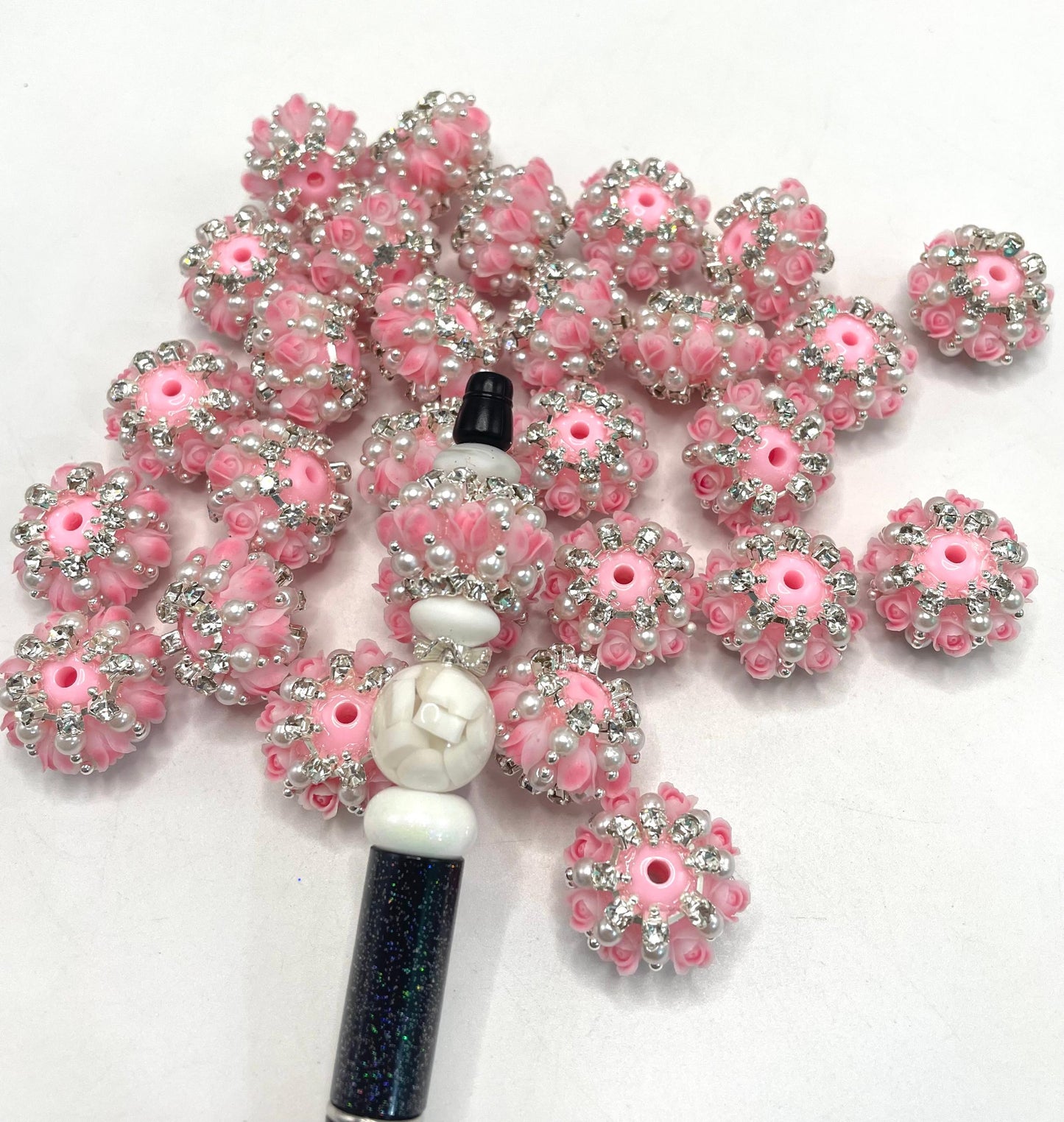 fancy Flower tulip flower acrylic solid bead base ornament with tulip flower Chain rhinestone Pearl  24mm Random Mix