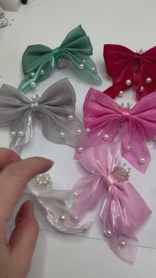 more colors textile fabrica with crown bead fancy bead silk bow pillow fancy bead craft with crown organza silk finishing bow ,ornament with pearl and sugar stone, delicate handcraft ,randon mix color