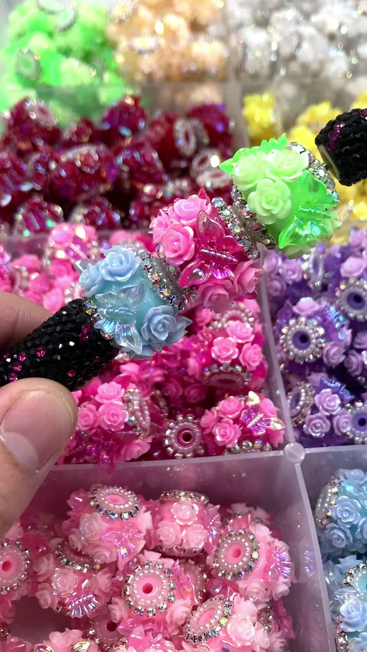 beaded beadable rose flower beads ornament with butterfly Rose flower Beads Random Mix