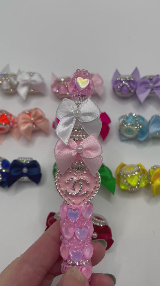 DIY beaded beadable textile fabric fancy bow bead ornaments with pearl and rhinestone chain and crystal heart ,colored ,random mix