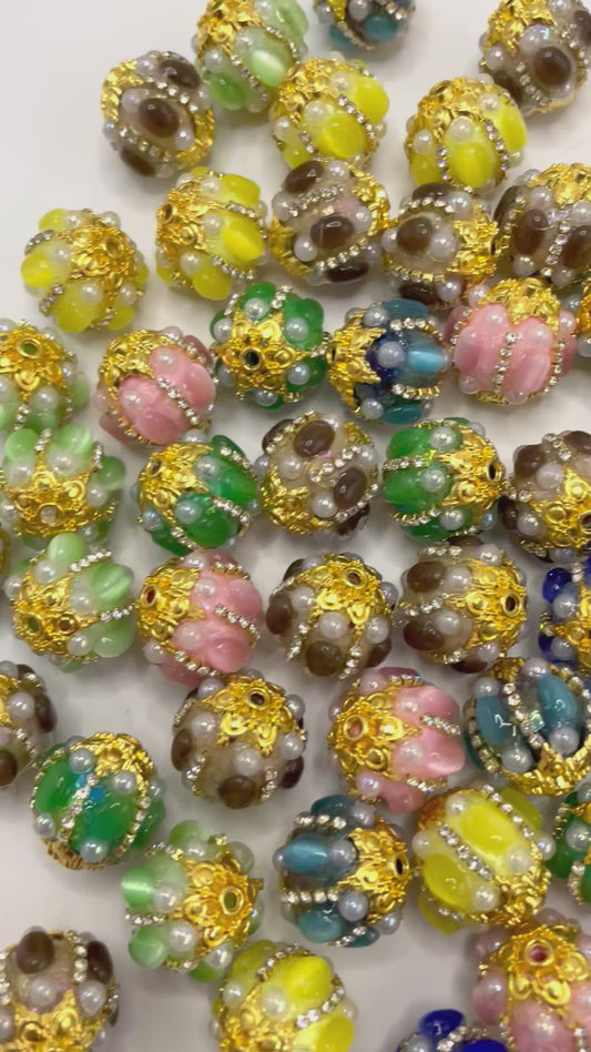 DIY fancy bead with metal metallic gold bead cap and pearl and colored stone ,random mix