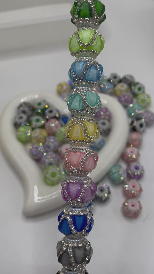 DIY beaded beadable fancy heart lantern beads ornament with rhinestone chain and pearl ,random mix