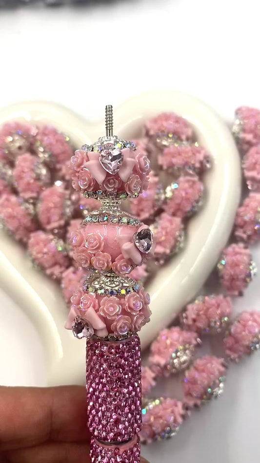 Beaded beadable rose flower beads ornaments with bow and heart shaped crystal rhinestone