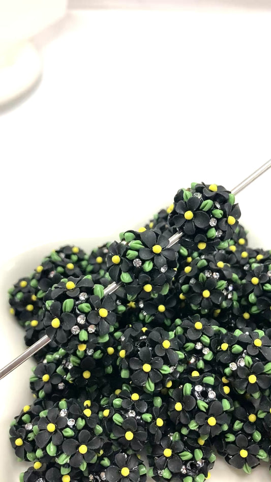 Fancy Beads Flowers and green leaves Black petals with green leaves - flower beads