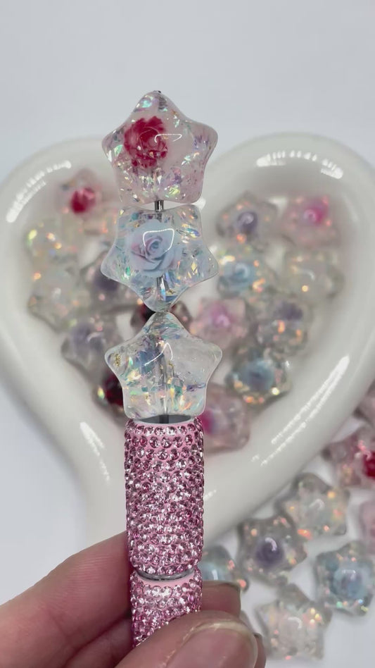 Acrylic bead star shaped with rose flower gold color foil inside ,random mix