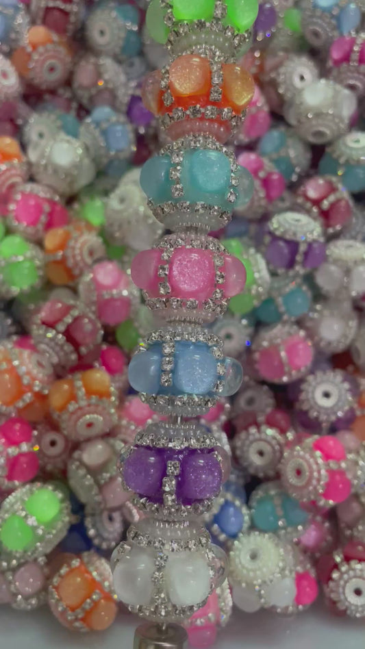 Beaded beadable fancy glitter bubble beads with silver color rhinestones and pearl random mix color